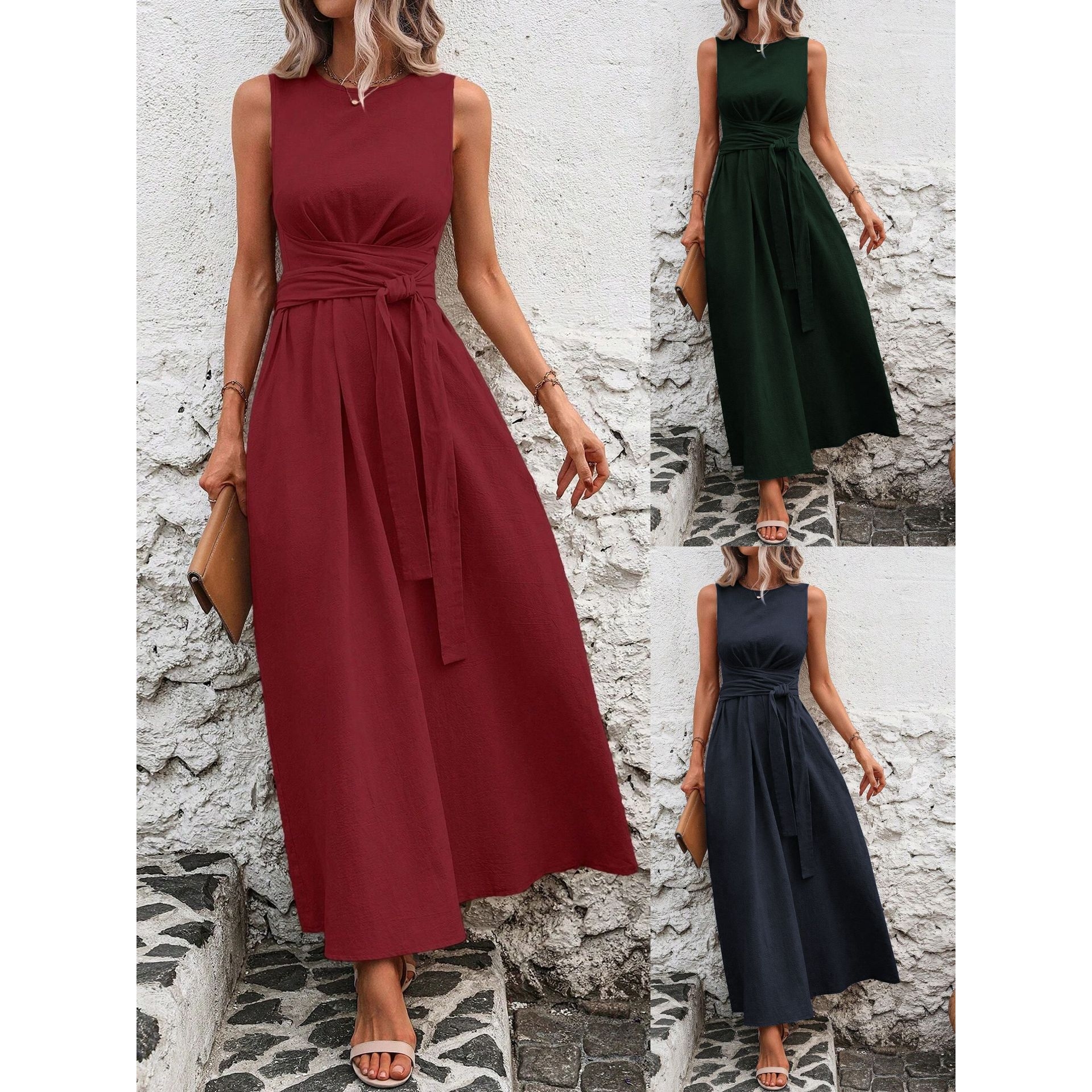 Linen Dress Wrap - Elegant Ice Silk Casual Sleeveless round