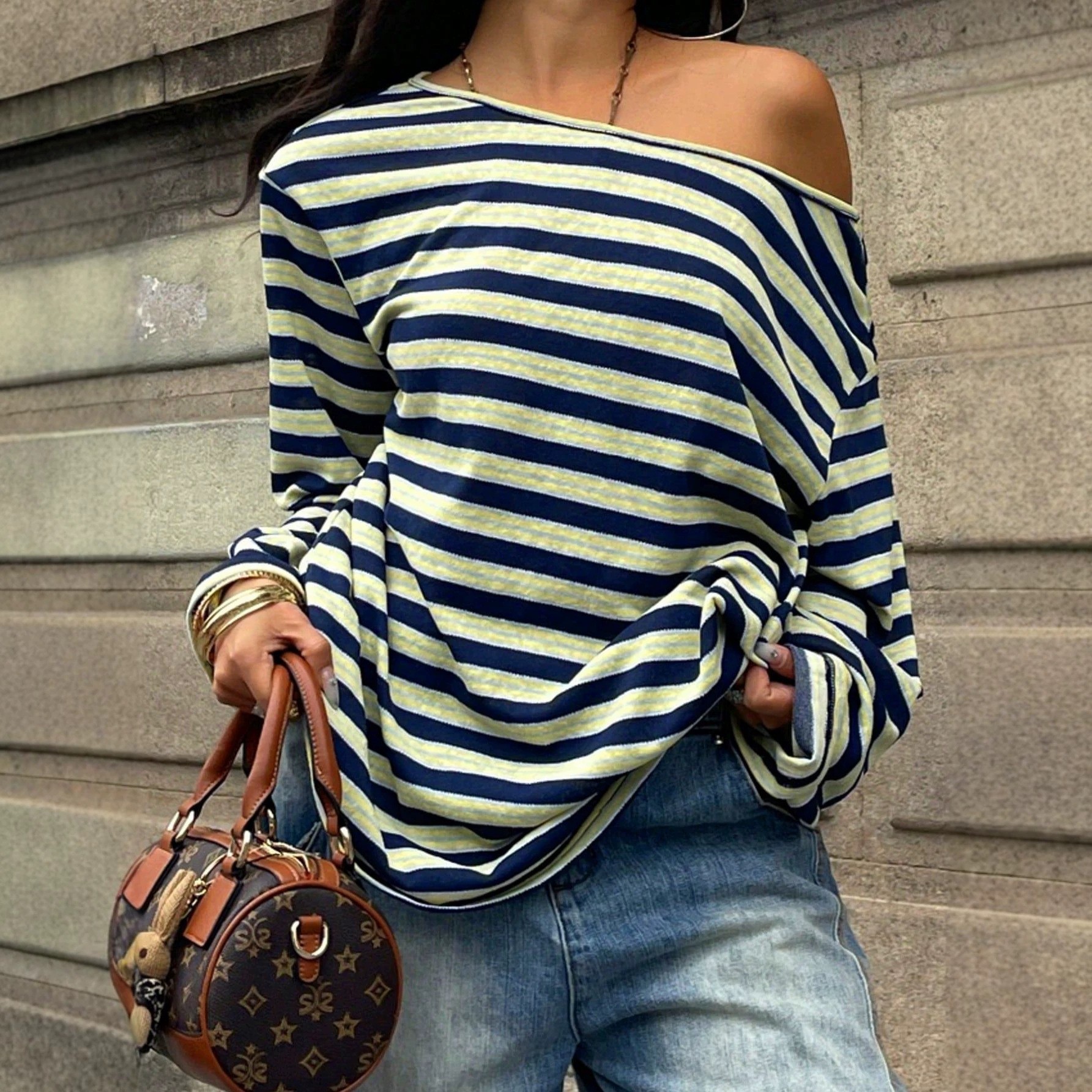 Blouse Off Shoulder - Women's Oversized Striped Blue Off Shoulder