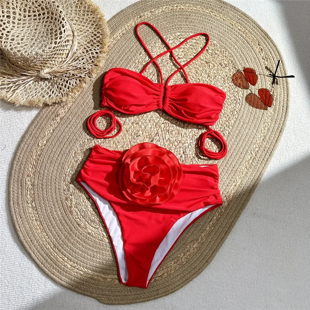 Swimsuit Bikini Ruched - Sexy Red 3D Flower Swimwear Halter