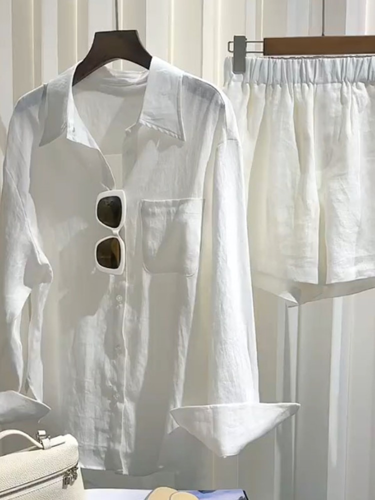 Linen Pant Wide - Summer Women's Linen Shirt Set Loose