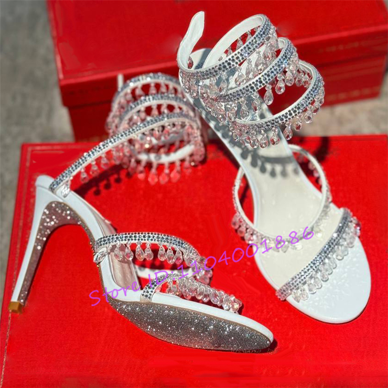 Sandal Strappy Heeled - Rhinestone Snake Shape Ankle Strappy Sandals