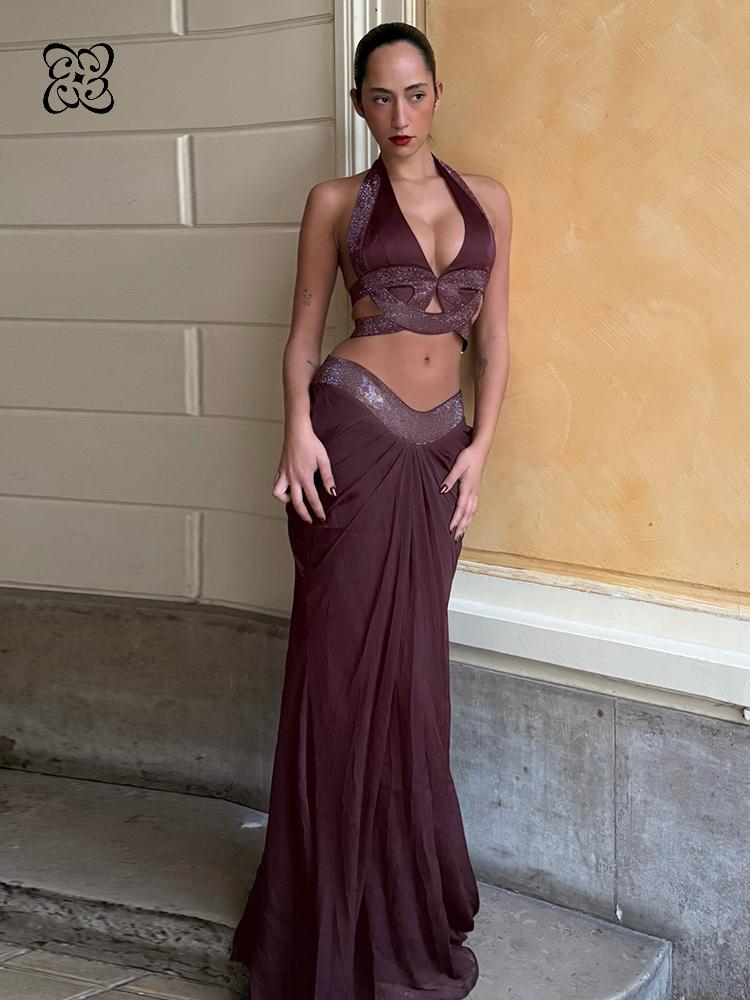 Maxi Dress Halter - Dark Brown Rhinestone Two Piece Maxi