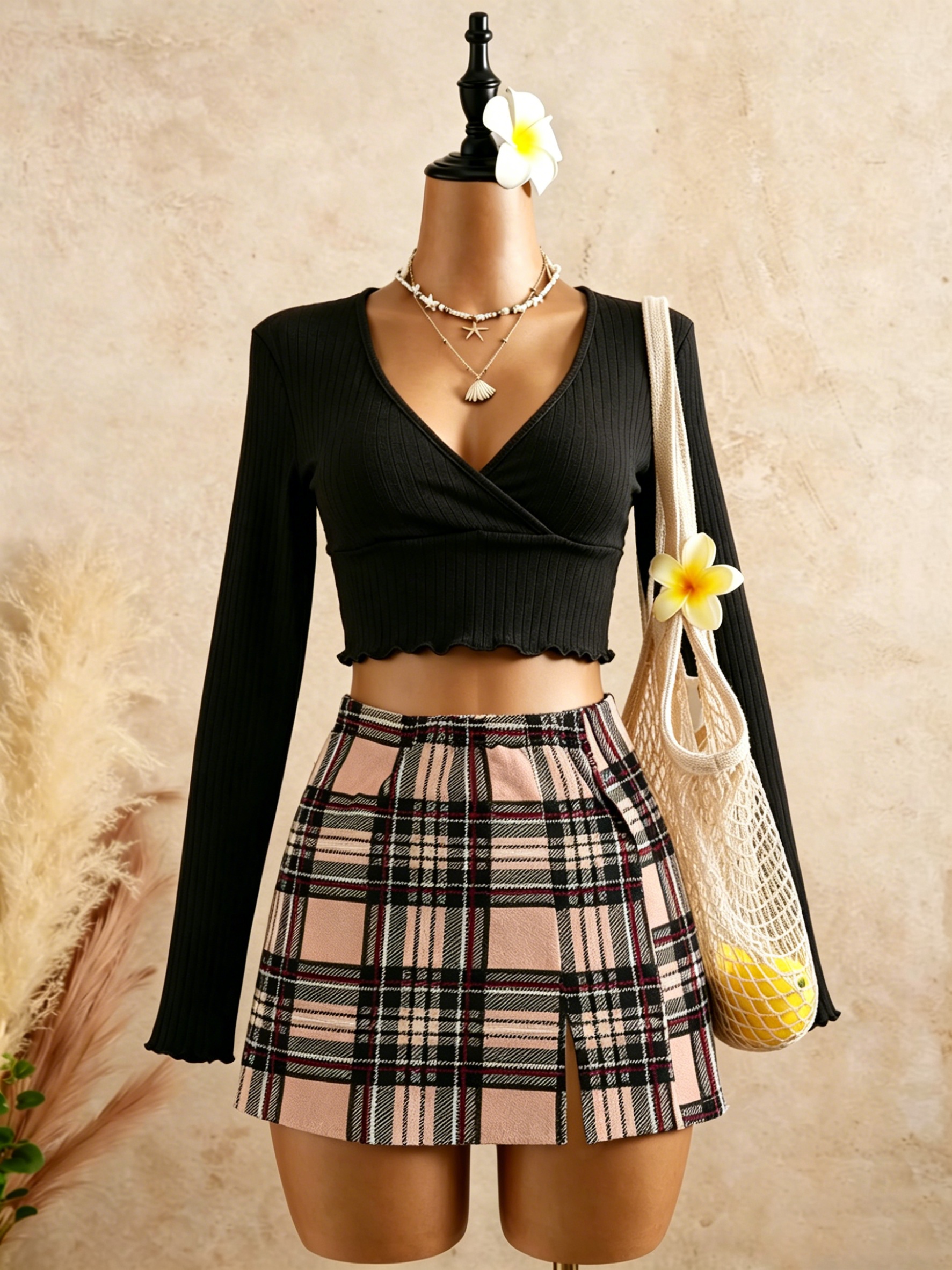 Crop Top Crochet - Women Black Wrap V Neck Ruffle