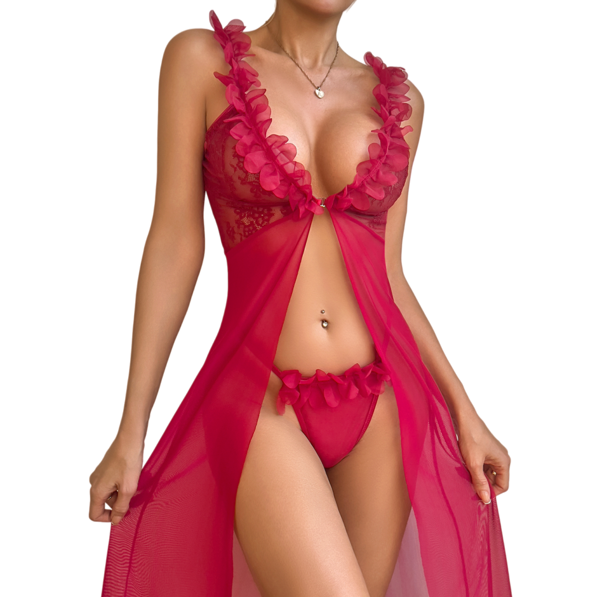 Kimono Sheer Floral - Women's Sexy Red Lace Robe &