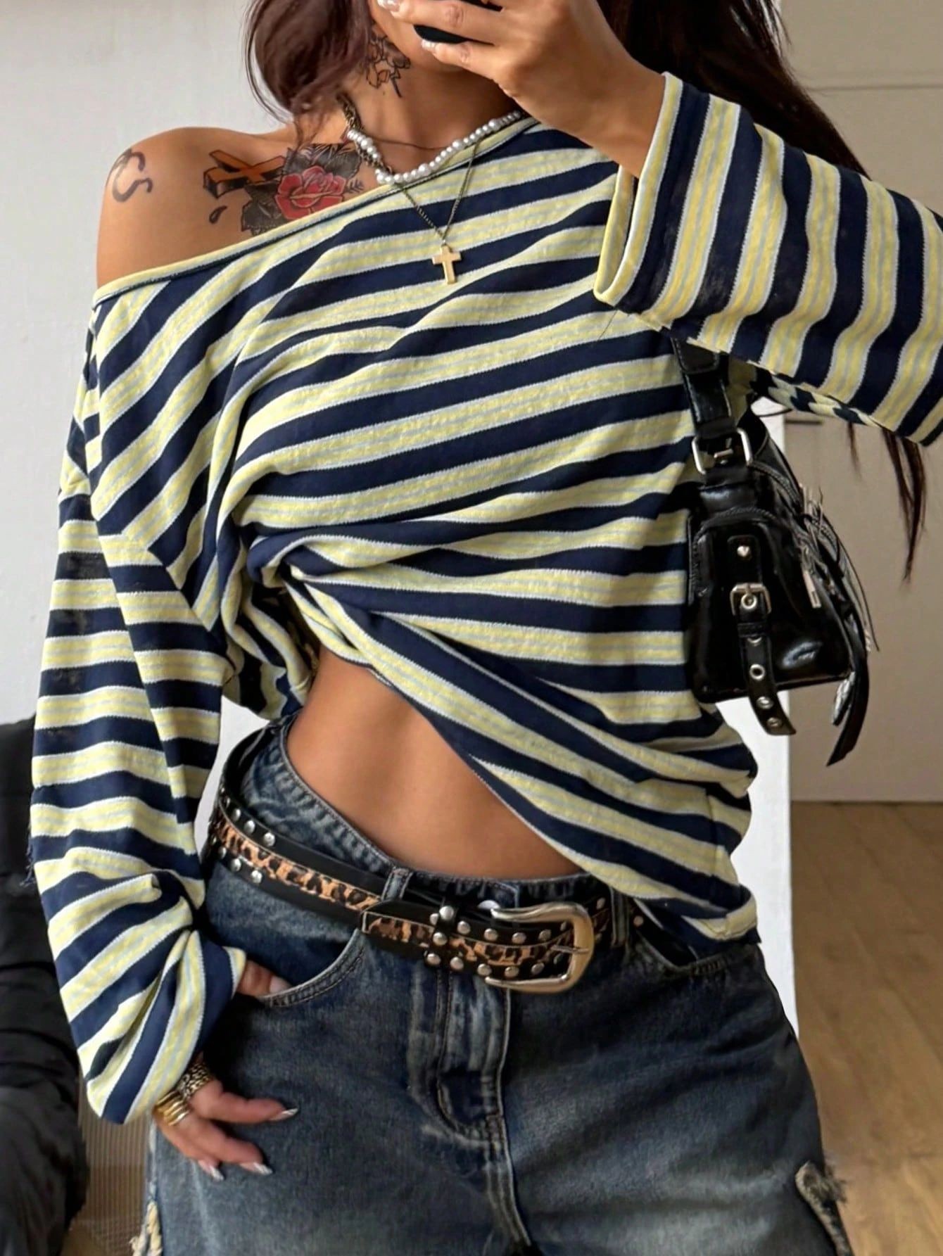 Women's Oversized Striped Blue - Blouse Off Shoulder review and price
