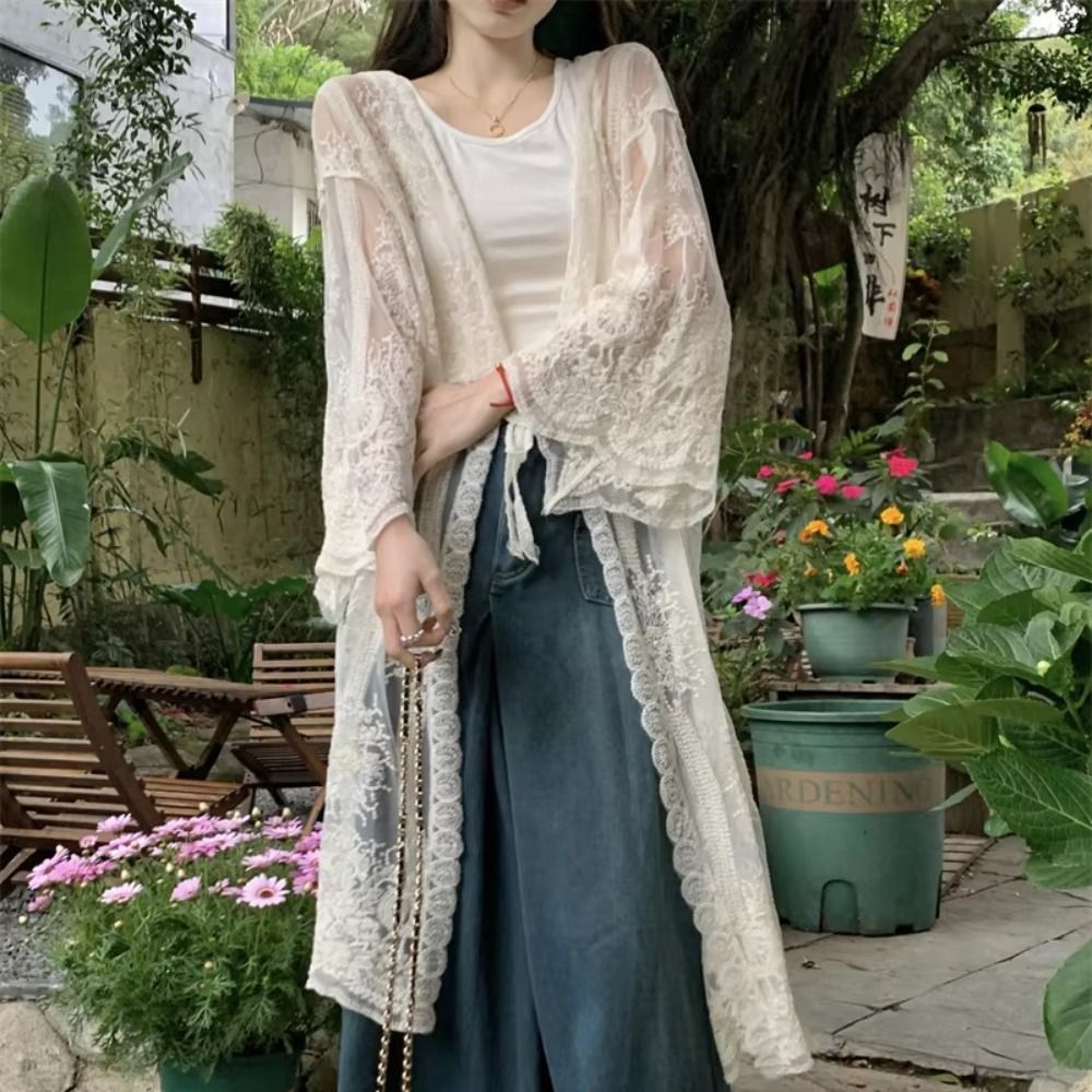 Lightweight Lace-Up Lace Blous - Kimono Sheer Floral review and price