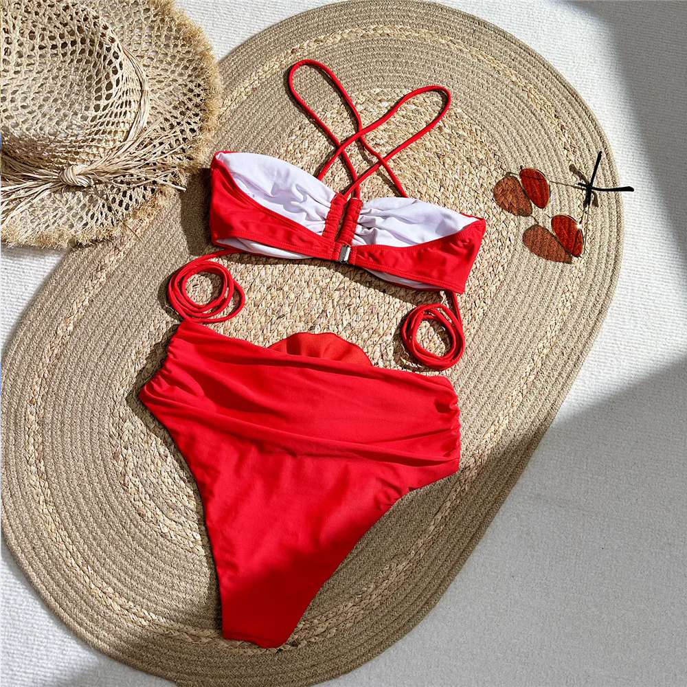 Sexy Red 3D Flower Swimwear Ha - Swimsuit Bikini Ruched review and price