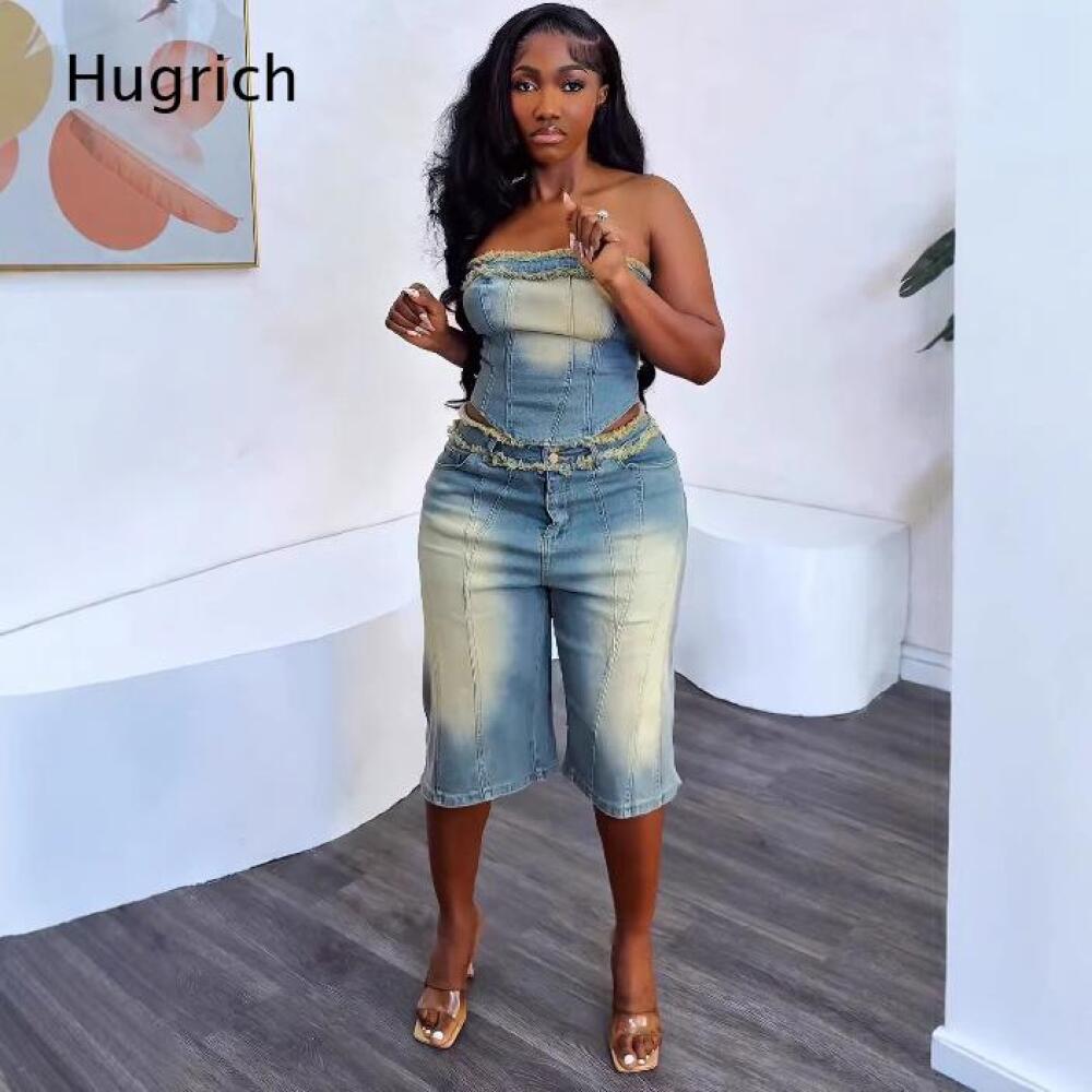Ladies Washed Strapless Crop T - Shorts Denim Frayed review and price