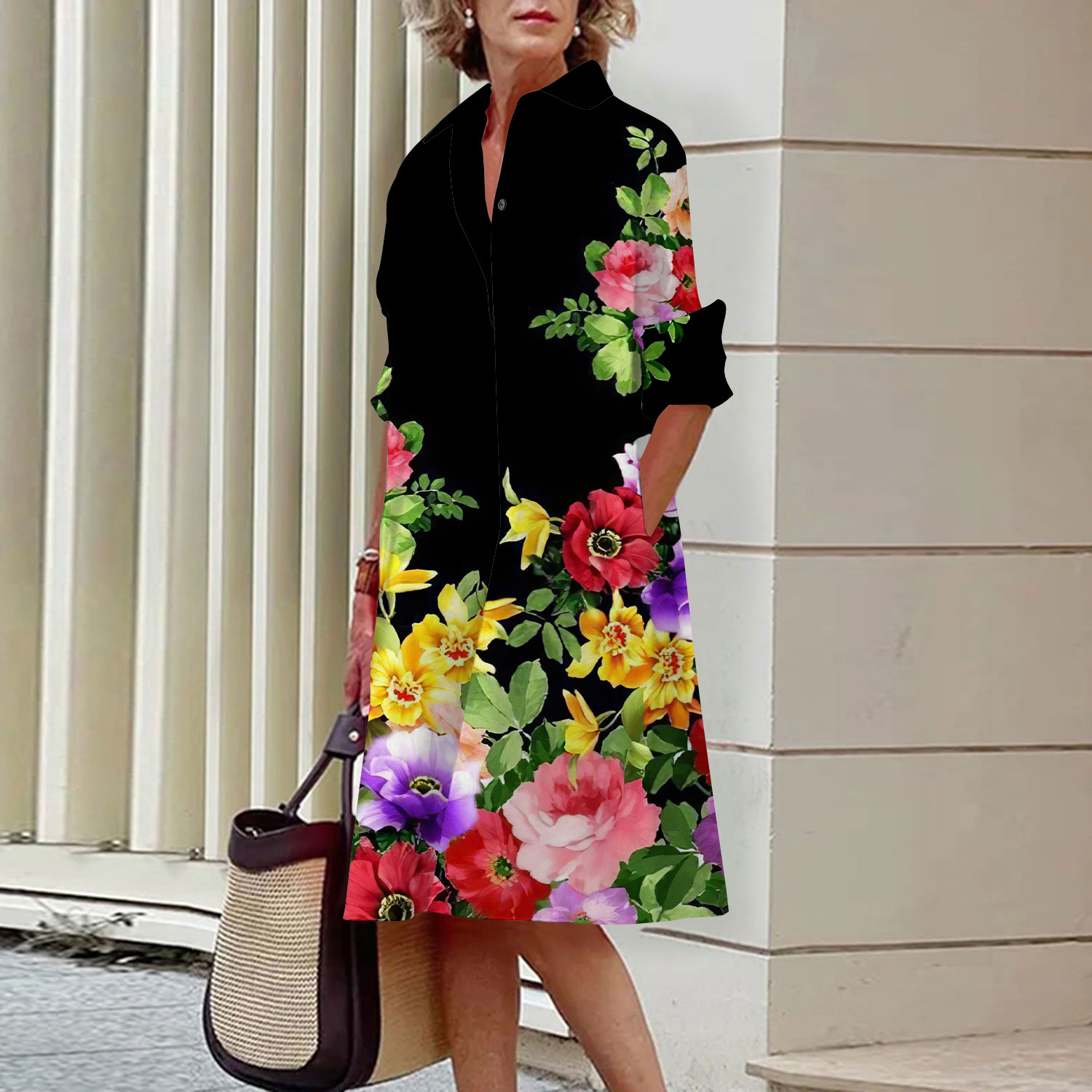 Floral Pattern Shirt Dress Ele - Midi Skirt Floral review and price