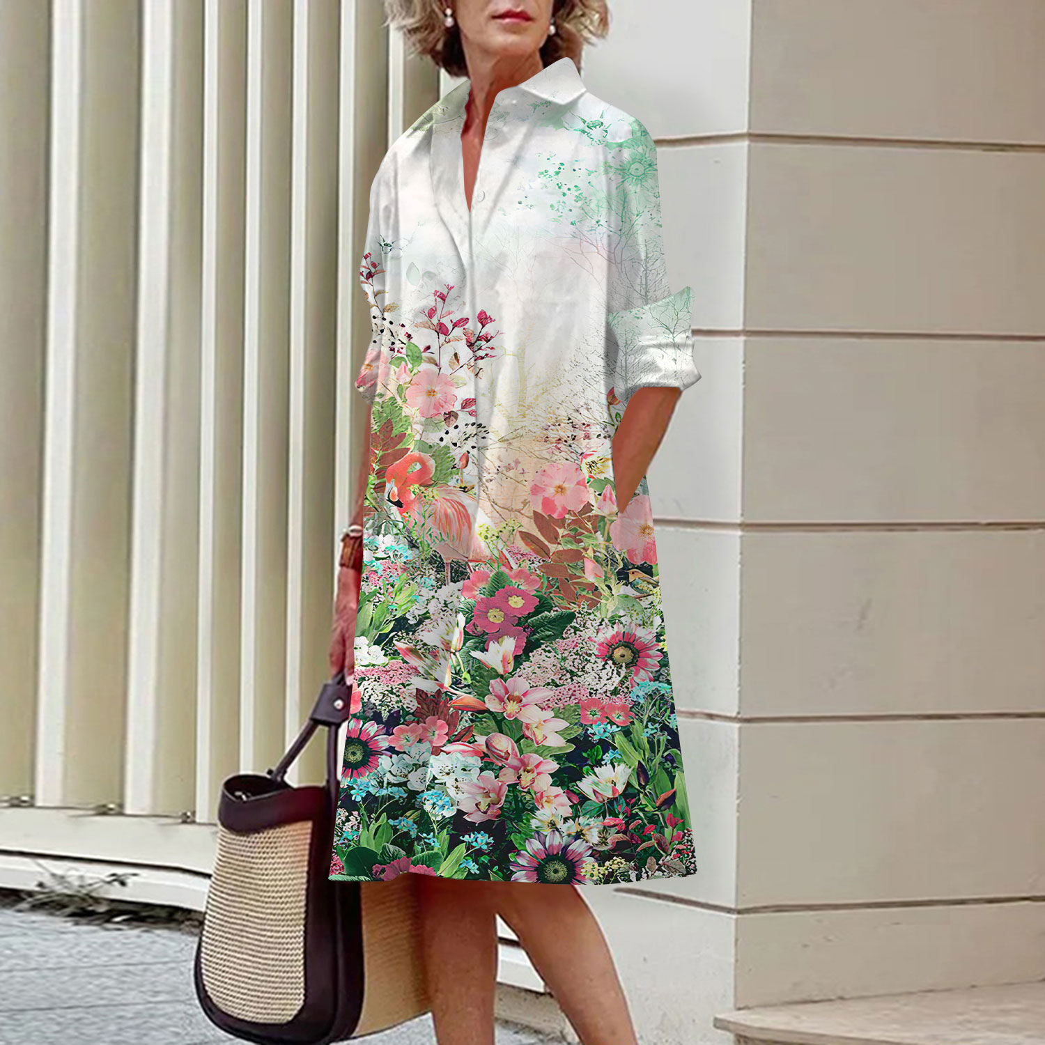 Floral Pattern Shirt Dress Ele - Midi Skirt Floral review and price