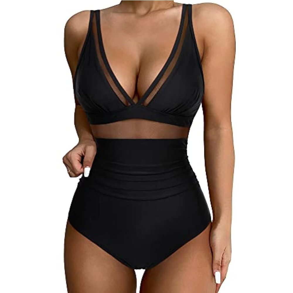 Women Deep V Mesh Cutout One P - Swimsuit Bikini Ruched review and price