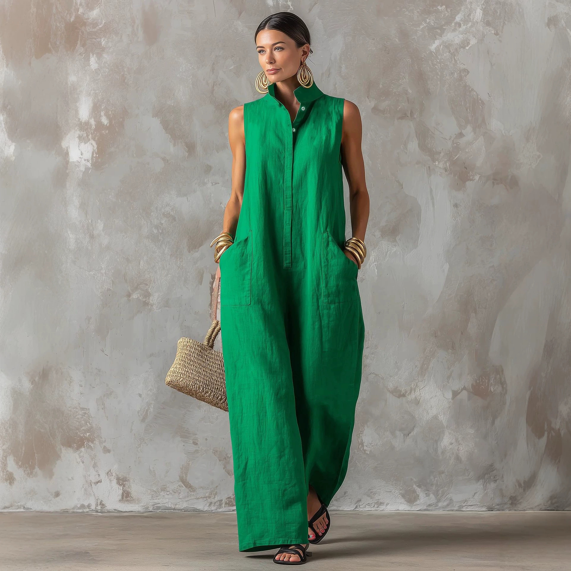 Linen Blend Jumpsuit Sleeveles - Jumpsuit Linen Relaxed review and price