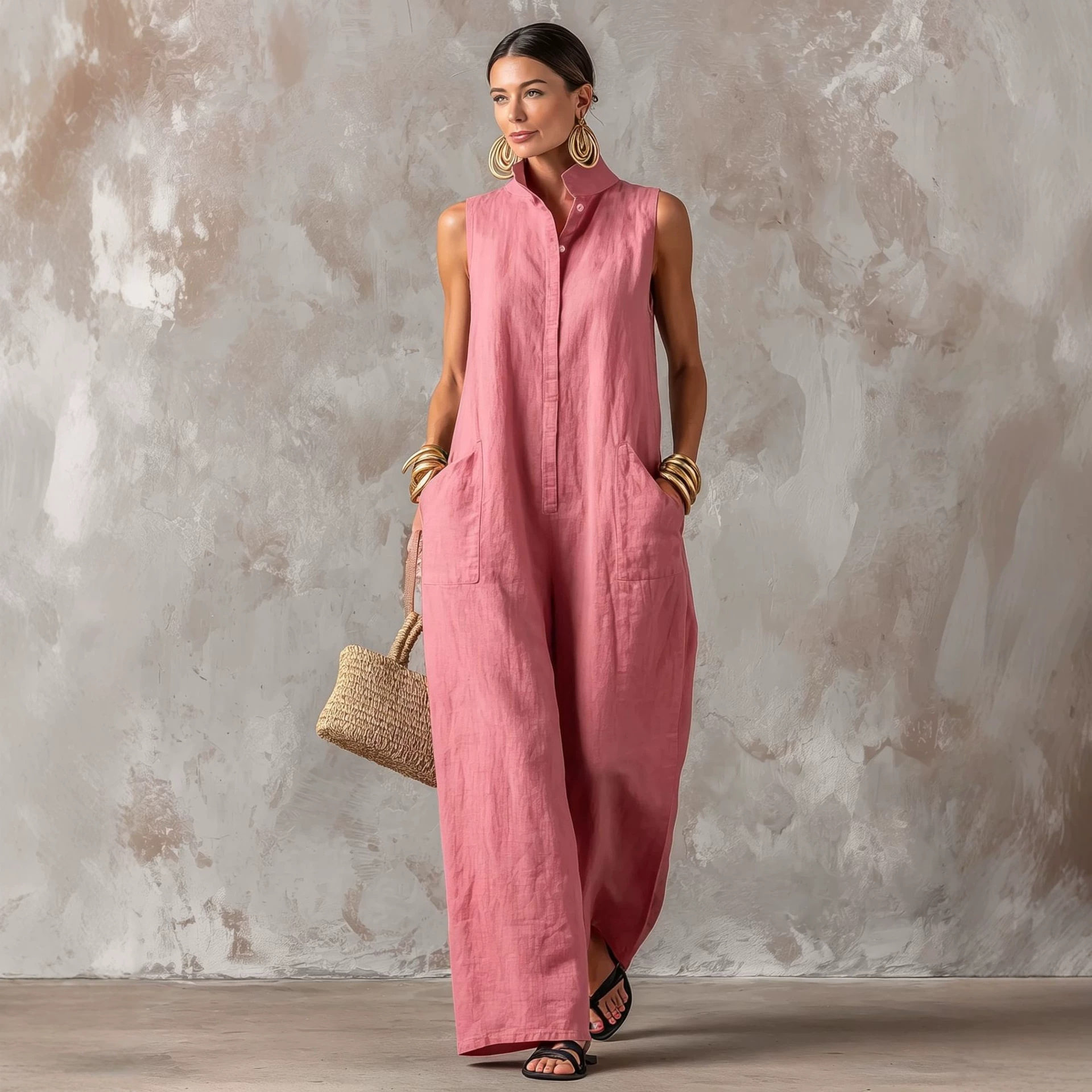Linen Blend Jumpsuit Sleeveles - Jumpsuit Linen Relaxed review and price