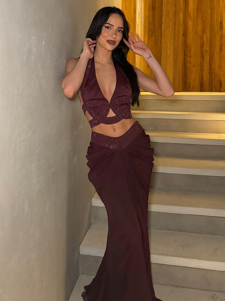 Dark Brown Rhinestone Two Piec - Maxi Dress Halter review and price