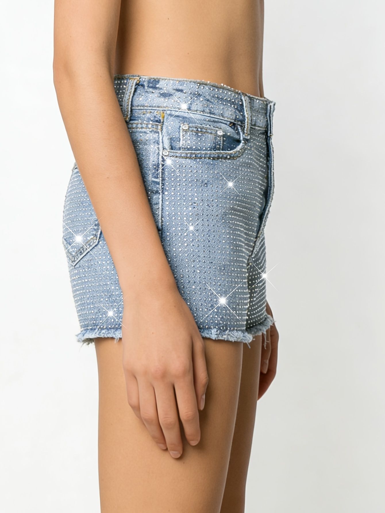 2026 New Full-Bejeweled Elasti - Shorts Denim Frayed review and price